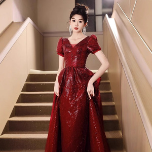 <b>Red</b> <b>Sequined</b> Evening Gown Sweetheart Neckline Empire Waist Claret Color Coming Of Age Ceremony Dress - Product Image 3