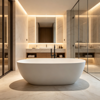 Baignoire autoportante ovale blanche en acrylique, moderne, avec robinet sur pied, pour projets hôteliers et de complexes hôteliers