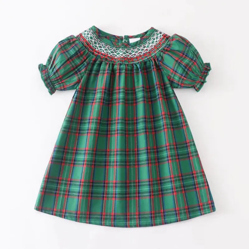 Großhandel Kurzarm Weihnachts kleid für Kinder Großhandel Green Plaid Smocked Kleid für Kleinkind Mädchen