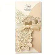 การ์ดเชิญงานแต่งงานแบบตัดเลเซอร์สีทองขาว ลายกุหลาบหัวใจ พร้อมริบบิ้นตกแต่ง สำหรับงานแต่งงาน - Product Image 6