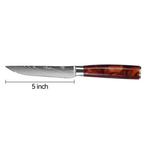 TOALLWIN Ensemble de 6 couteaux à steak, motif <span class=keywords><strong>Damas</strong></span> laser, lame en acier inoxydable dentelée et tranchante, manche en résine, couverts de cuisine pour barbecue - Product Image 5