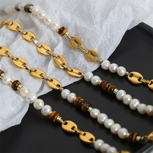 Parures de bijoux tendance pour femmes et jeunes filles en acier inoxydable avec pierre œil de tigre et perles d'eau douce - Product Image 6
