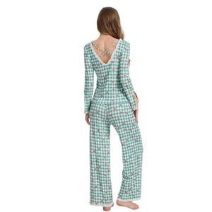 Conjunto de Pijama Floral a Cuadros Verde para Mujer, de Bambú Modal, Manga Larga, con Ribete de Encaje, Ropa de Dormir Suave y Elástica con Bolsillos - Product Image 3