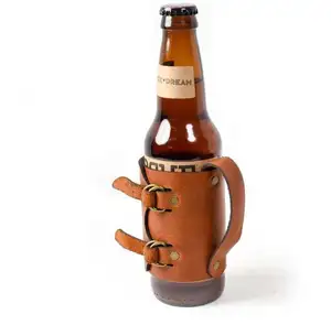 Coldre de garrafa de couro genuíno feito à mão, suporte de cerveja com alça, coldre de couro para beber