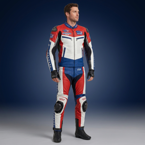Traje de Motociclismo de Cuero Rojo, Blanco y Azul para Hombre, Conjunto de Chaqueta y Pantalones de Protección Completa para Motociclistas - Product Image 1
