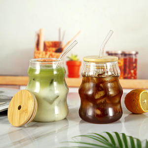 Vasos acanalados transparente Boba vaso aislado <span class=keywords><strong>doble</strong></span> taza sublimación capuchino café tazas <span class=keywords><strong>de</strong></span> vidrio con tapa <span class=keywords><strong>de</strong></span> bambú y pajita - Product Image 4