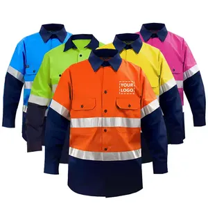 Camisas de trabalho de algodão de manga longa para homens, uniformes de trabalho com logotipo de segurança reflexivo, uniformes de trabalho
