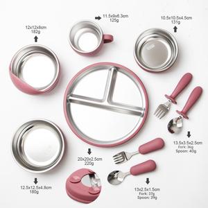 Premium 304 acier inoxydable et <span class=keywords><strong>Silicone</strong></span> de qualité alimentaire enfants ensemble de salle à manger bols incurvés assiettes divisées Sippy tasse ustensiles pour bébé - Product Image 2