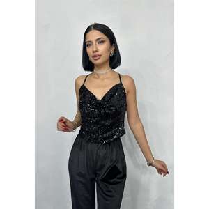 Blusa Negra con Tirantes para Mujer, Top Sexy de Satén con Cuello en V Elástico para Fiesta - Product Image 3