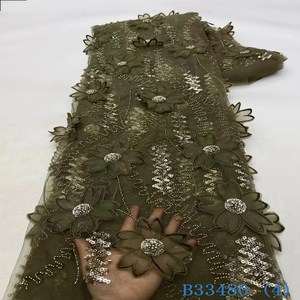 High Quality Premium Lace <strong>Fabric</strong> 3D <strong>Flower</strong> Lace With Beads and Pearls Mesh 3D Lace With High End <strong>Embellishments</strong> - Product Image 4
