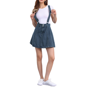 Jupe salopette en jean taille haute, coupe trapèze, mini, couleur unie, décontractée, avec détails boutonnés, ourlet évasé, sans manches, assortie à un haut blanc - Product Image 1
