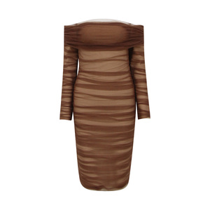 Nuevo vestido de moda elegante marrón fuera del hombro malla fruncida manga larga Midi Bodycon vestido - Product Image 4