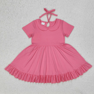 Vente en gros de robes pour filles, robes à volants de couleur unie, boutique pour tout-petits, col Peter Pan, manches courtes, robes d'été - Product Image 6