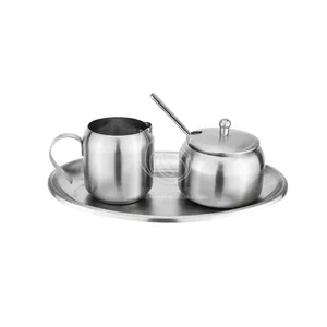 Coffee Latte Tea Milk Stainless Sugar Bowl Cream Set Deluxe Stainless Milk Pitcher Sugar Bowl Pot Set For Home Kitchen Cooking