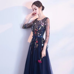Elegant A-Line Chiffon Evening Dress With Floral Print Scoop Neck Long Sleeve Black And Navy Blue - Product Image 2