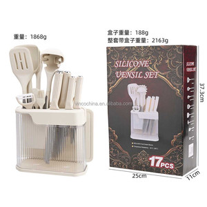 Ensemble <span class=keywords><strong>de</strong></span> 17 ustensiles <span class=keywords><strong>de</strong></span> <span class=keywords><strong>cuisine</strong></span> et couteaux en silicone avec <span class=keywords><strong>planche</strong></span> à découper - Outils <span class=keywords><strong>de</strong></span> cuisson antiadhésifs, résistants à la chaleur, avec support - Product Image 4