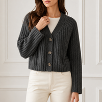 Cardigan côtelé épais personnalisé pour femme, col en V, gris anthracite, boutonné, manches longues, vente en gros d'usine OEM ODM, hiver