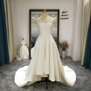 QD06006 Strapless Satin High Low Asymmetric Wedding Gowns Ruffles A-Line Sleeveless Bride Gowns