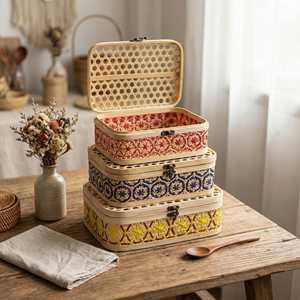 Woven Bamboo Storage Box with Lid Boho Home Decor Natural Rectangular Basket for <b>Shelf</b> Colorful Geometric Pattern Organizer Viet - Product Image 1