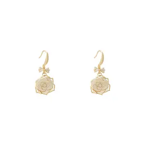 Elegant Hanging Camelia Rose Flower Dangle Earrings For Women With Environmental Alloy Anti Allergy