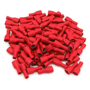 빨간색 여성 절연 스페이드 와이어 커넥터 전기 압착 터미널 22-16 AWG 4.8x0.5mm 팩 100