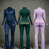 Ensemble de salon 2 pièces en velours personnalisé pour femme, veste zippée en velours à rayures léopard et pantalon évasé, tenue streetwear d'hiver avec logo personnalisé