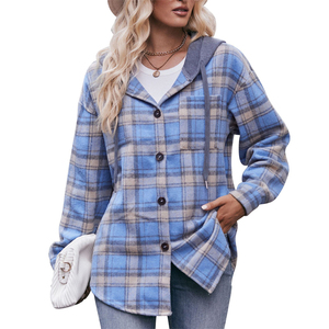 Großhandel Mode Flanell Plaid Mantel Kapuze <span class=keywords><strong>Casual</strong></span> Bluse für Frauen Herbst und Winter Bluse Femme - Product Image 2