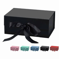 Boîte cadeau en carton rigide noir pliable avec fermeture magnétique, ruban personnalisé de luxe, logo sur mesure, pelliculage brillant et gaufrage