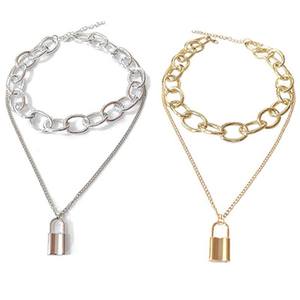 Collar de moda con colgante en forma de candado de aleación de zinc, cadena multicapa, color oro y plata, estilo urbano geométrico. - Product Image 3