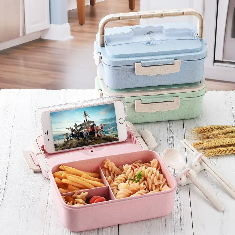 Wheat And Straw Grade Material Container With Hanger Food Plastic Bento Student Lunch Box With Spoon And Fork