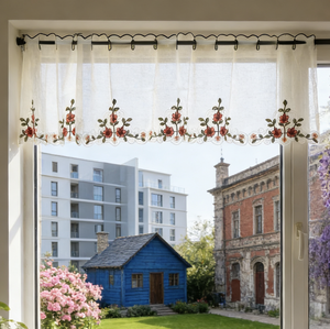 Tenda Corta Trasparente <span class=keywords><strong>con</strong></span> Ricamo a Rose e Bordo in Pizzo Ondulato, <span class=keywords><strong>con</strong></span> Tasca per Asta, per Cucina, Balcone, Caffetteria, Arredamento Casa - Product Image 5