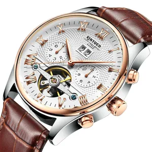 KINYUED Automatic Mechanical Watch Fashion Leather Waterproof Men's Watches Perpetual Calendar Reloj Hombre J012