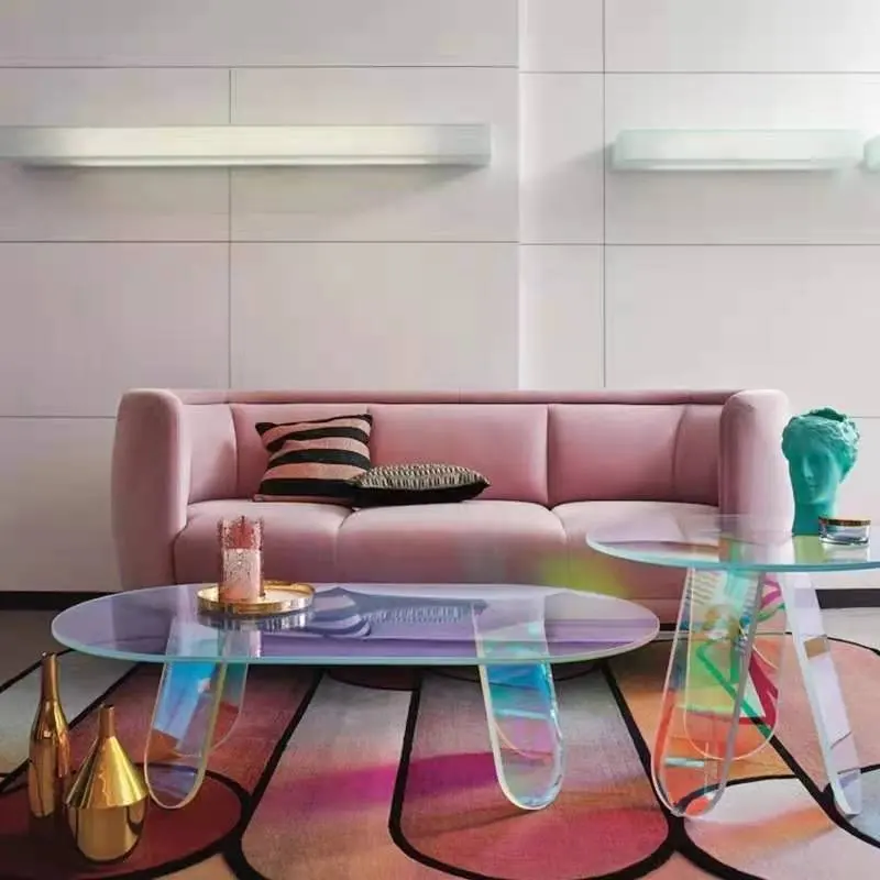 Mesa de extremo Plexi de arcoíris redonda, pequeña, fácil de montar, moderna, Acril Tavolino, colores Salotto, mesa lateral redonda de acrílico, 2021