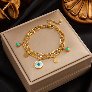 European American Style Double Layer Gold Bracelet With Blue Eye And Turquoise Charms Unisex Gift Jewelry - Product Image 1