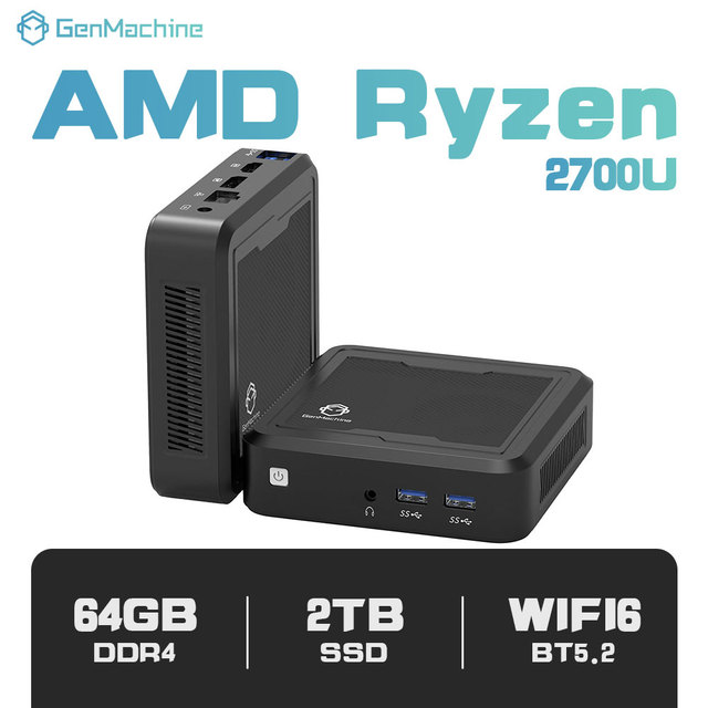 GenMachine AMD Mini PC Ryzen 7 2700U 4 Core 8 Threads Wifi5 BT4.2 HD 2*USB3.0 2*USB2.0 1G LAN 2 Display Screen RAM DDR4 Factory
