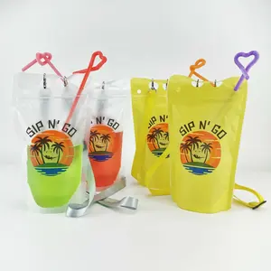 wholesale food grade reusable custom printed logo matte zipper plastic juice drink stand up pouch bag with lanyard and straw