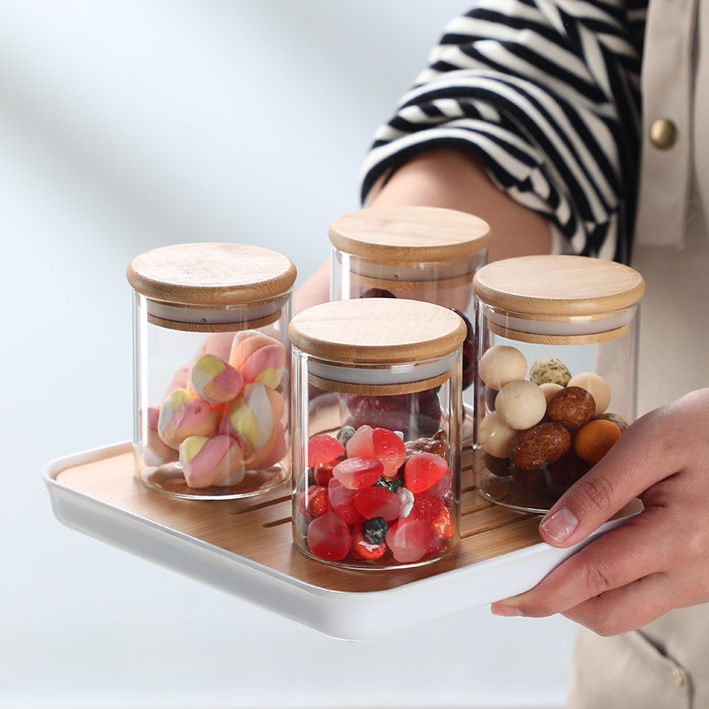 10 pack borosilicate glass jar for storage food heat resistance glass jar with wooden lid for home use