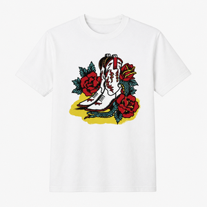 Western Cowboy Boot Floral Print Camiseta de algodón con cuello redondo y manga corta para mujer, top informal de verano - Product Image 4