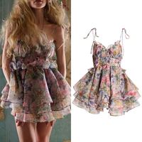 Nouvelle robe courte à bretelles, ourlet en forme de gâteau, style pastoral, taille haute, style floral, été 2024, mini robe décontractée pour femmes, tissage uni