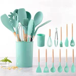 12Pcs In 1 Set Wooden Handle Kitchenware Non Stick Accessories Silicone Cooking Kitchen Utensil Set Tools With Holder Box