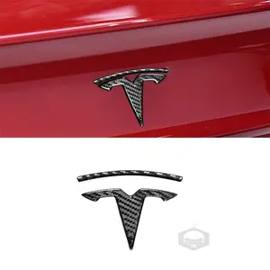 特斯拉3型Y 2016 + 车型的真正碳纤维方向盘标志盖贴纸汽车前后尾部标志盖内饰