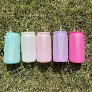 พร้อมส่ง แก้วโฮโลแกรมสีฟ้า ชมพู ขาว ม่วง ชมพูบานเย็น ขนาด 16 ออนซ์  แบบมีกลิตเตอร์วิบวับ ฝา PP แก้วสีรุ้ง - Product Image 1