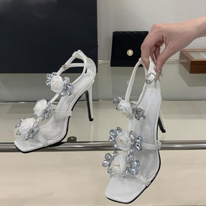 Sandales d'été sexy pour femmes à fleurs 3D, talons hauts, bout ouvert, à boucle cheville, à bride en T, à talon aiguille, antidérapantes - Product Image 5