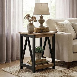 Wood And <b>Iron</b> Side <b>Table</b> With Shelf Farmhouse Style Coffee <b>Table</b> For Living Room - Product Image 1