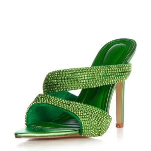 Sandalias de Tacón Alto con Punta en Pico y Diamantes Verdes para Mujer, Zapatos de Vestir, Tacones Finos, Estilo Mules - Product Image 2