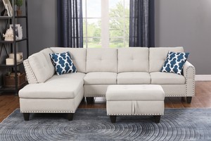98" Wide Three Seat Left Hand Facing Modern Sectional <b>Sofa</b> Chaise <b>Storage</b> Ottoman Linen Upholstery Nailhead Trim Foam Apartment - Product Image 2