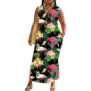 Vestido Maxi de Verano para Mujer, Talla Grande, Sin Mangas, Cuello en V, Holgado, de Gasa, con Estampado Floral de Flamencos, Vestido de Playa con Bolsillos - Product Image 1