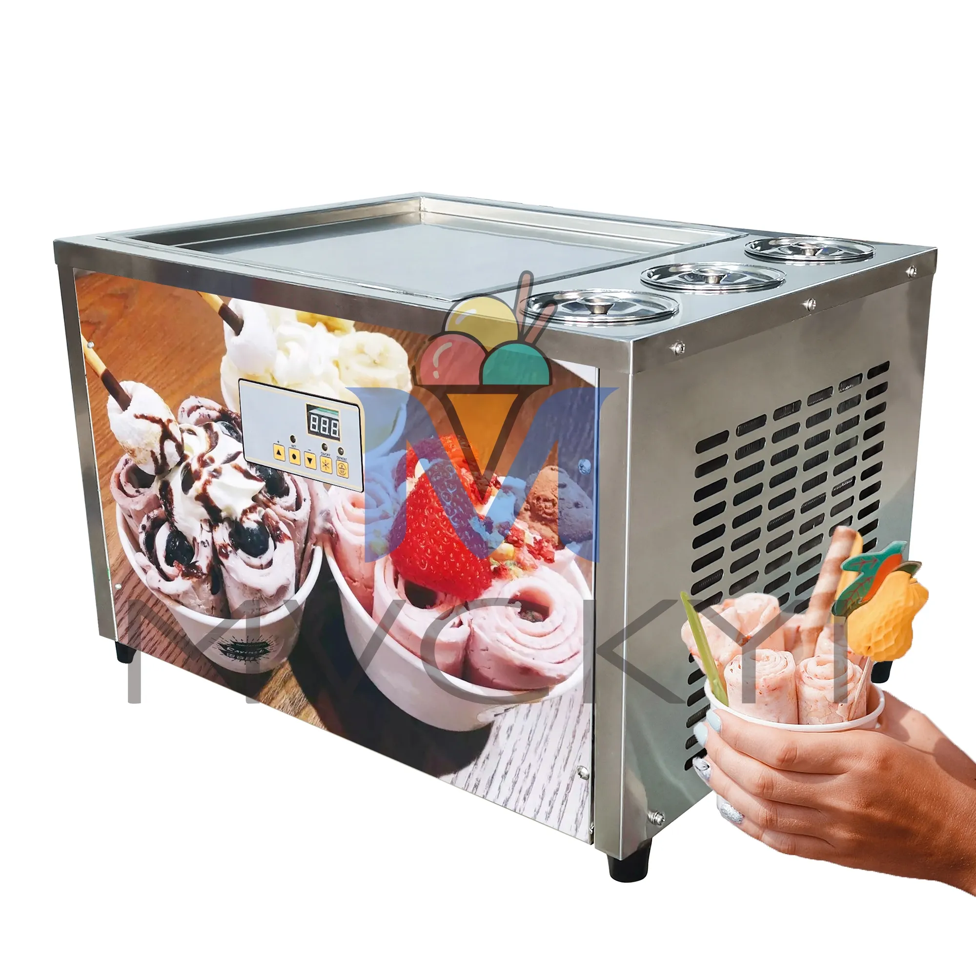 Mvckyi 18インチスクエアフライドアイスクリームロールマシン/3 PCSバケット付き電気炒めアイスクリームメーカー/フローズンヨーグルトアイスパン