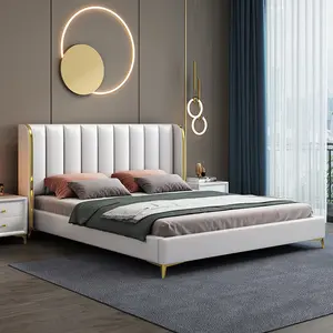 Europese Moderne Licht Luxe Roestvrij Staal Thuis Slaapkamer Meubilair Sets Queen Size Bed Luxe King Size Lederen Bed