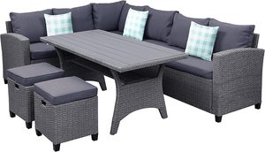 طقم أثاث خارجي مكون من 5 قطع، طقم أثاث للفناء مصنوع من الخوص المقاوم لجميع الظروف الجوية، أريكة قطاعية وطاولة طعام وكراسي - Product Image 5